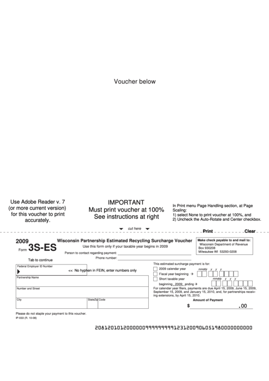 Fillable Form 3s-Es - Wisconsin Partnership Estimated Recycling Surcharge Voucher - 2009 Printable pdf
