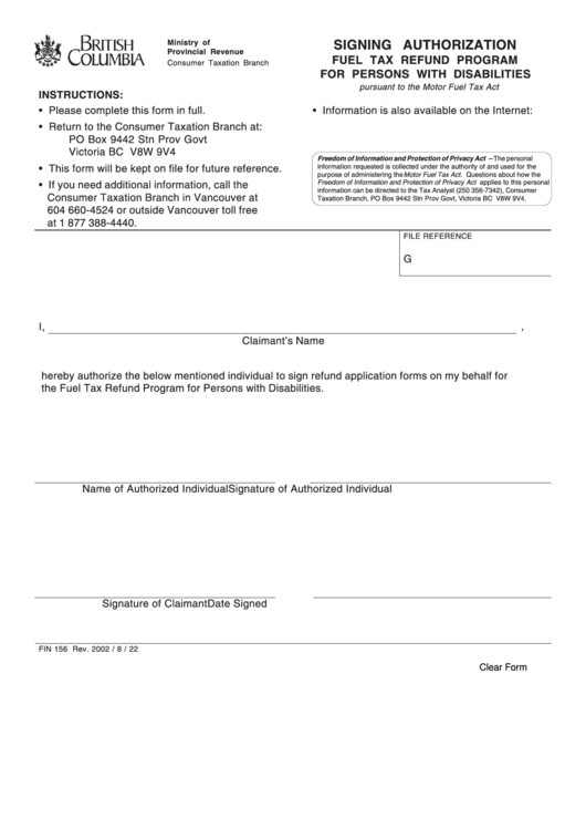 Fillable Form 156 - Fuel Tax Refund Program For Persons With Disabilities - 2002 Printable pdf