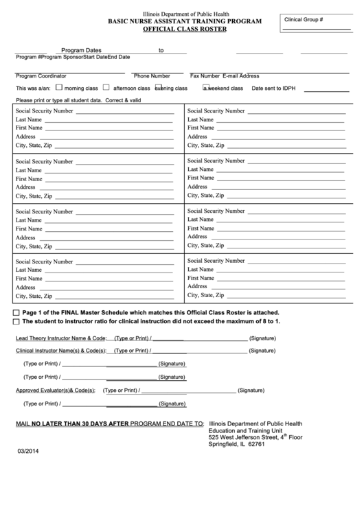 Fillable Basic Nurse Assistant Training Program - Official Class Roster Form - Illinois Department Of Public Health Printable pdf