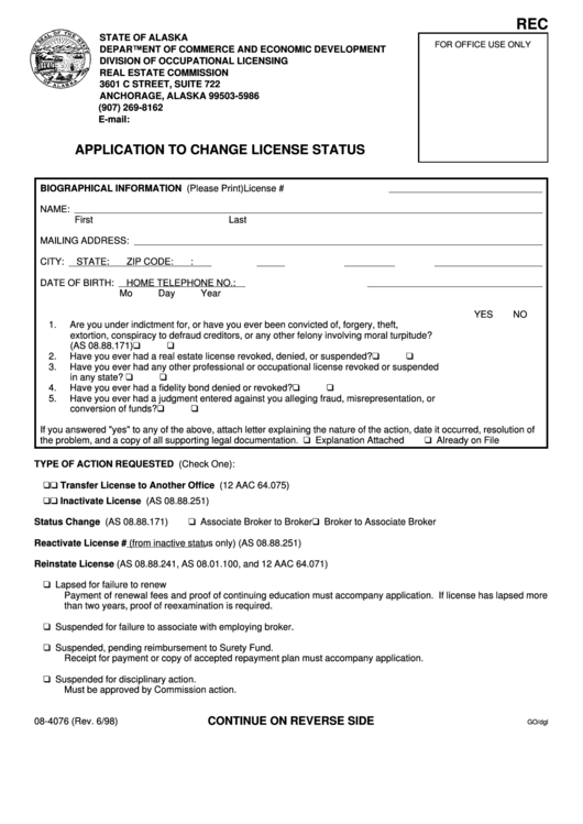 Form 08-4076 - Application To Change License Status - Department Of Commerce And Economic Development - Alaska Printable pdf