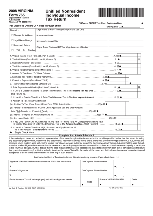 Form 765 - Unified Nonresident Individual Income Tax Return - 2008 Printable pdf