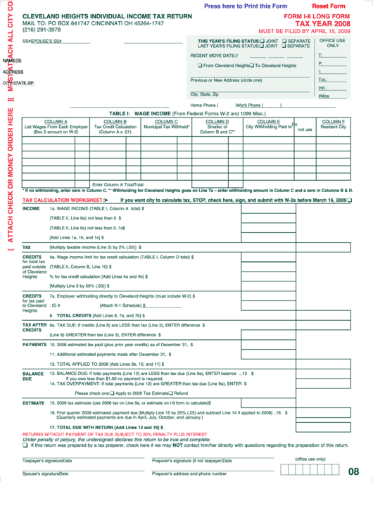 Fillable Form I-8 Long - Cleveland Heights Individual Income Tax Return - 2008 Printable pdf