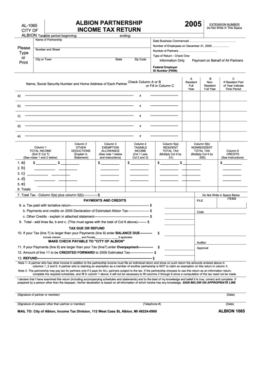 Form Al1065 Albion Partnership Tax Return 2005 printable
