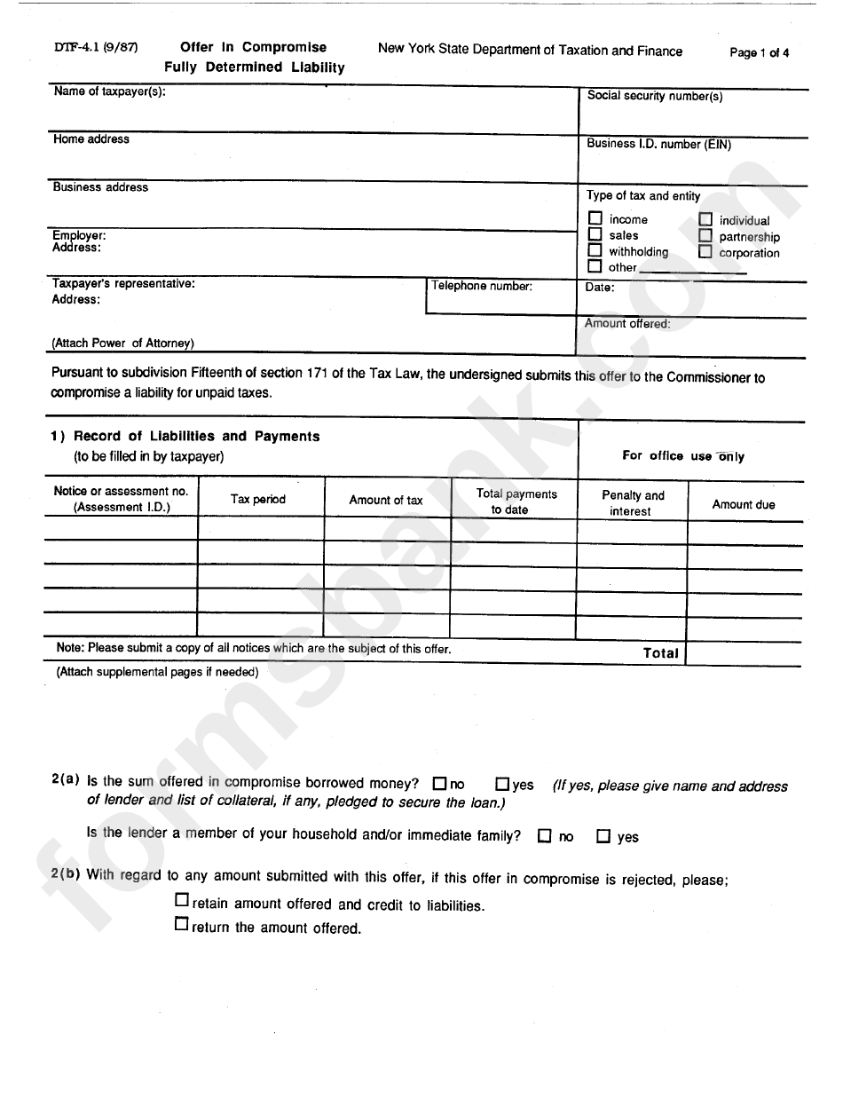 Form Dtf-4.1 - Offer In Compromise - Fully Determined Liability - New York State Department Of Taxation And Finance