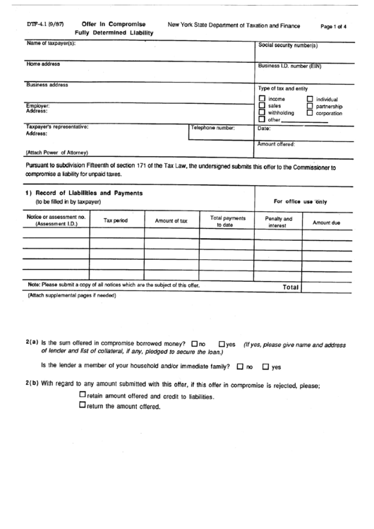 Form Dtf-4.1 - Offer In Compromise - Fully Determined Liability - New York State Department Of Taxation And Finance Printable pdf