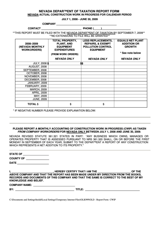 Report Form - Nevada Department Of Taxation - 2008 Printable pdf