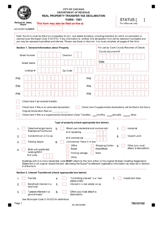 Fillable Form 7551 Real Property Transfer Tax Declaration City Of