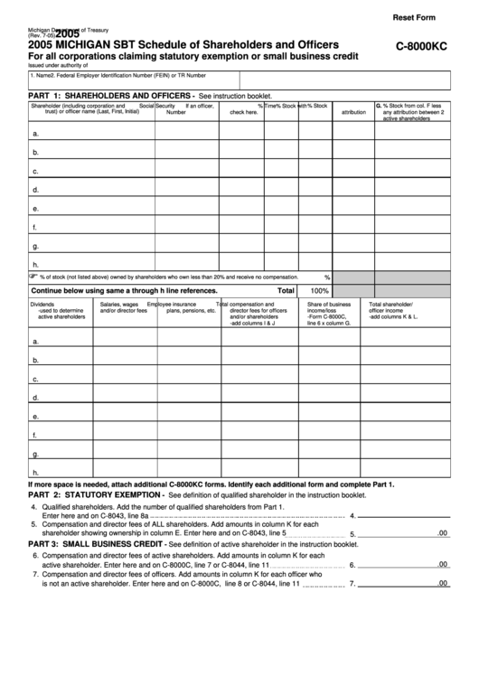 Fillable Form C-8000kc - Michigan Sbt Schedule Of Shareholders And Officers - 2005 Printable pdf