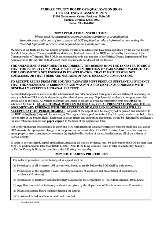 Application For Equalization Of Real Property Assessment - Fairfax County Board Of Equalization - 2009 Printable pdf