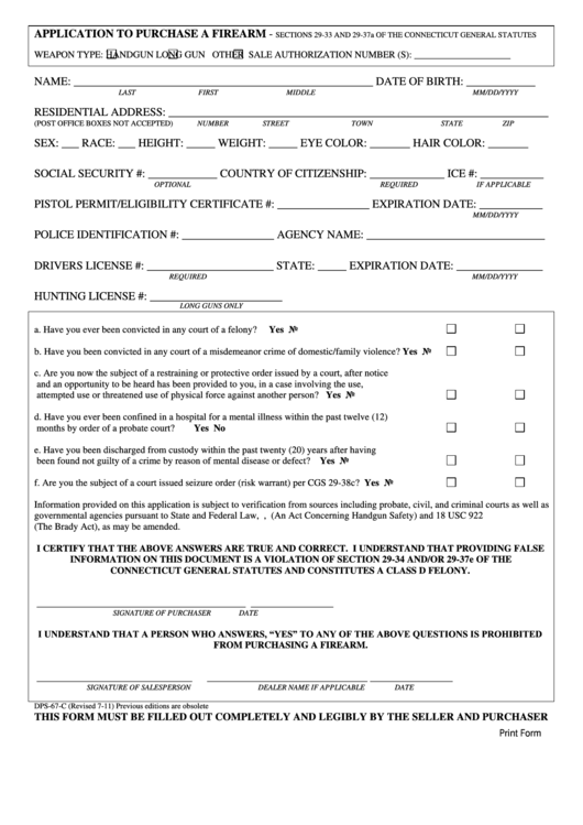 Fillable Form Dps-67-C - Application To Purchase A Firearm - 2011 Printable pdf