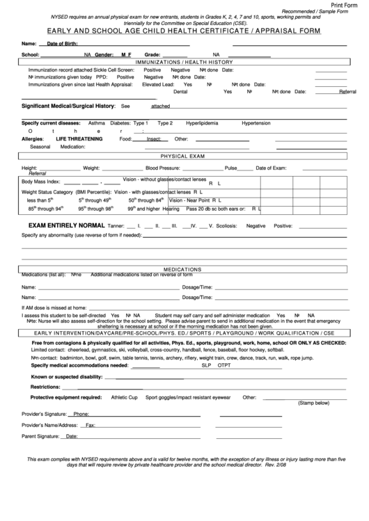 Fillable Nysed Early And School Age Child Health Certificate Appraisal 