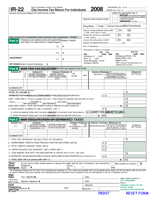 Fillable Form Ir-22 - City Income Tax Return For Individuals - 2008 Printable pdf