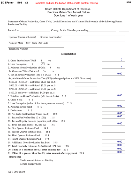 Fillable Form Spt-901 - Precious Metals Tax Annual Return - 2010 Printable pdf