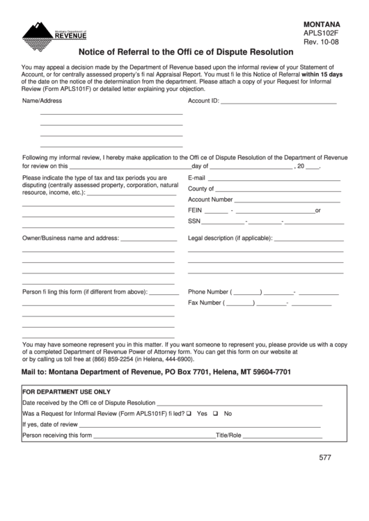 Form Apls102f - Notice Of Referral To The Office Of Dispute Resolution Printable pdf