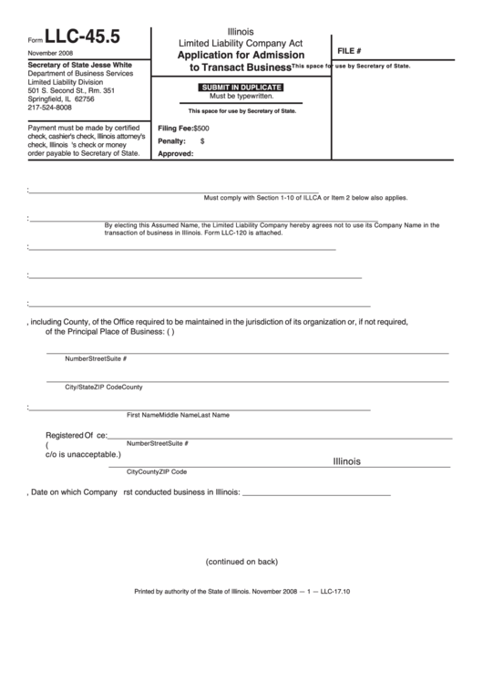 Fillable Form Llc-45.5 - Application For Admission To Transact Business Printable pdf