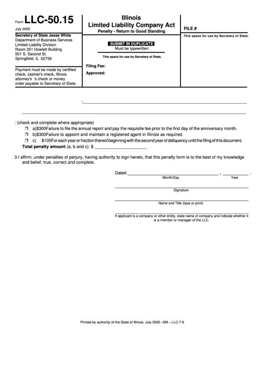 Fillable Form Llc-50.15 - Limited Liability Company Act Penalty - Return To Good Standing Printable pdf