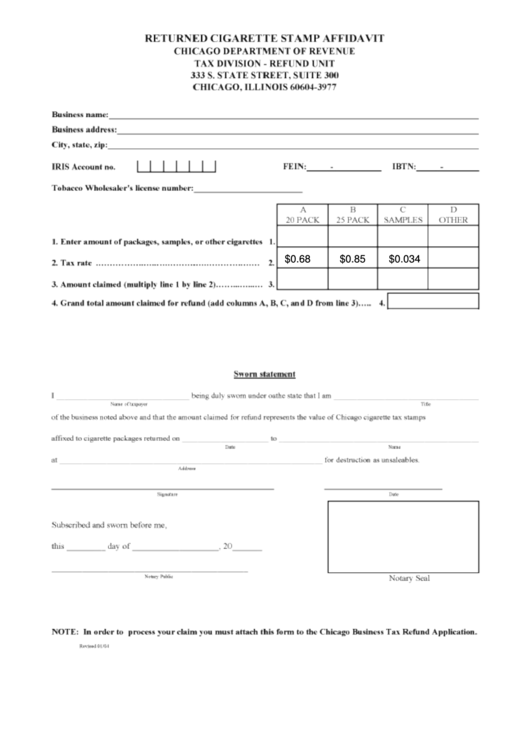 Returned Cigarette Stamp Affidavit Form - Chicago Department Of Revenue Printable pdf