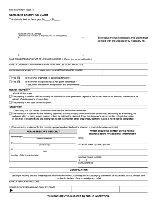 Fillable Form Boe-265 - Cemetery Exemption Claim - 2013 Printable pdf