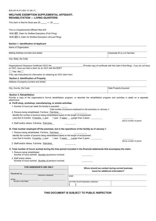 Fillable Form Boe-267-R - Welfare Exemption Supplemental Affidavit, Rehabilitation - Living Quarters - 2011 Printable pdf