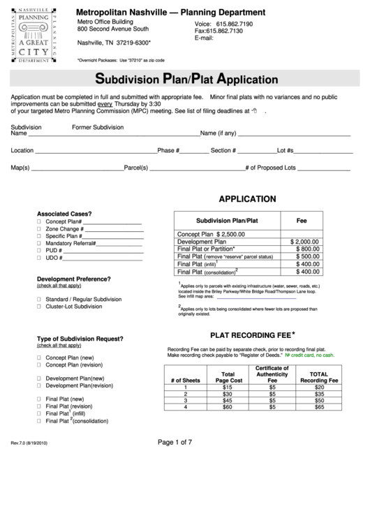 Subdivision Plan/plat Application Form - Metropolitan Nashville - Planning Department Printable pdf
