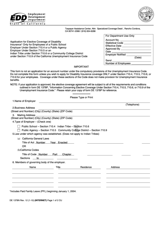 Form De 1378n - Application For Elective Coverage Of Disability Insurance - Only For Employees Of A Public School - 2010 Printable pdf