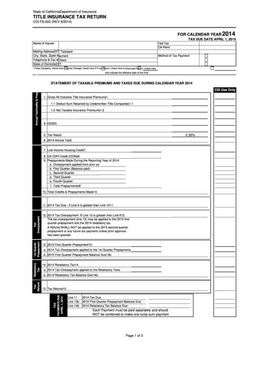 Form Cdi Fs-003 - Title Insurance Tax Return - 2014 Printable pdf