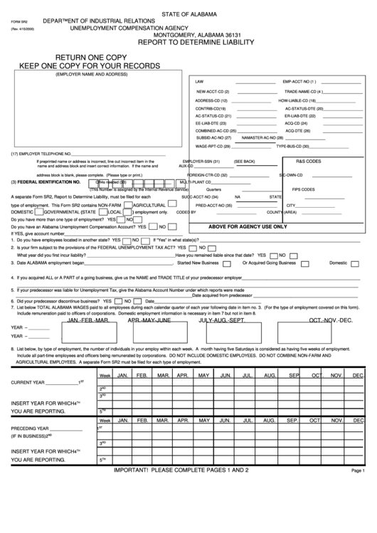 Form Sr2 - Report To Determine Liability - 2000 Printable pdf