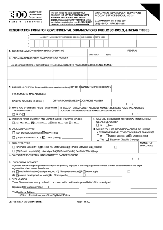 Fillable Form De 1gs - Registration Form For Governmental Organizations, Public Schools, & Indian Tribes - 2001 Printable pdf
