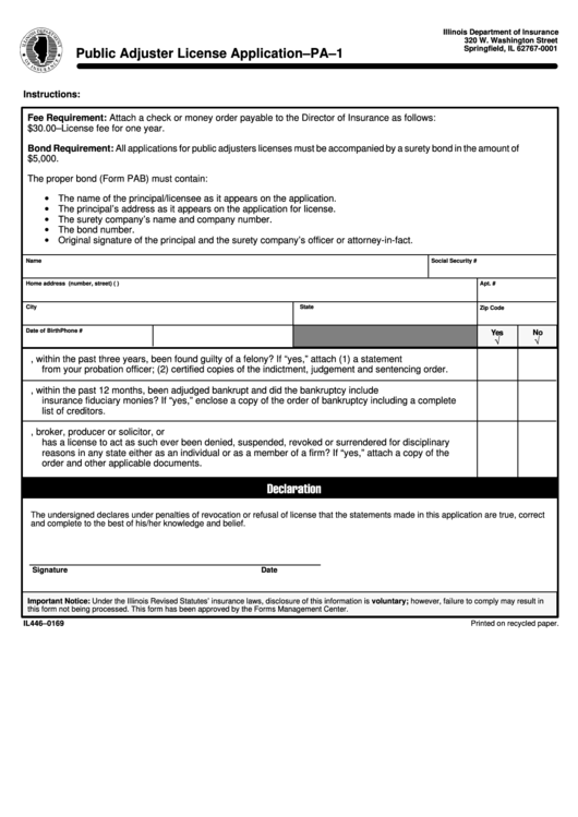 Form Il446-0169 - Public Adjuster License Application-Pa-1 Printable pdf