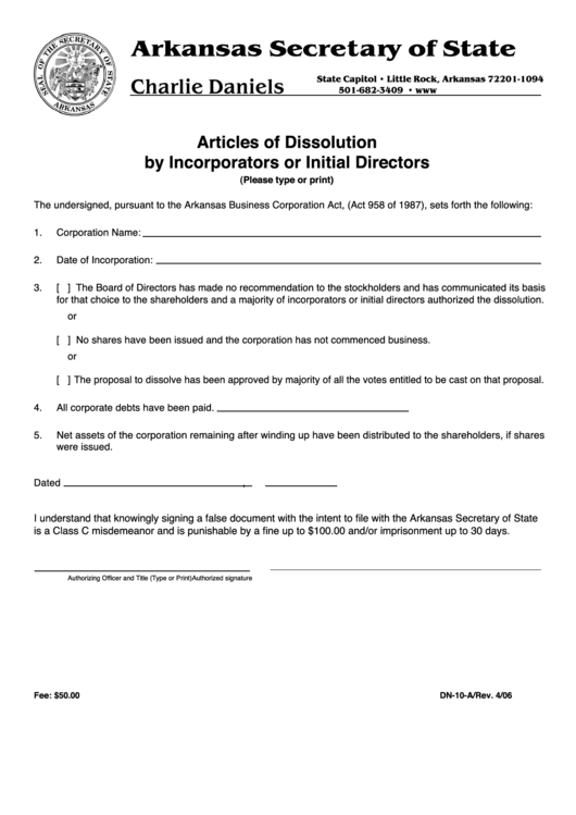 Form Dn-10-A - Articles Of Dissolution By Incorporators Or Initial Directors Printable pdf