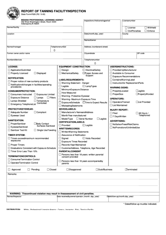 Fillable State Form 47626 - Report Of Tanning Facility Inspection Printable pdf