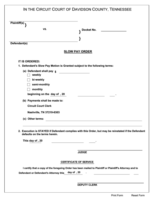 Fillable Slow Pay Order Form - Davidson County Circuit Court Printable pdf