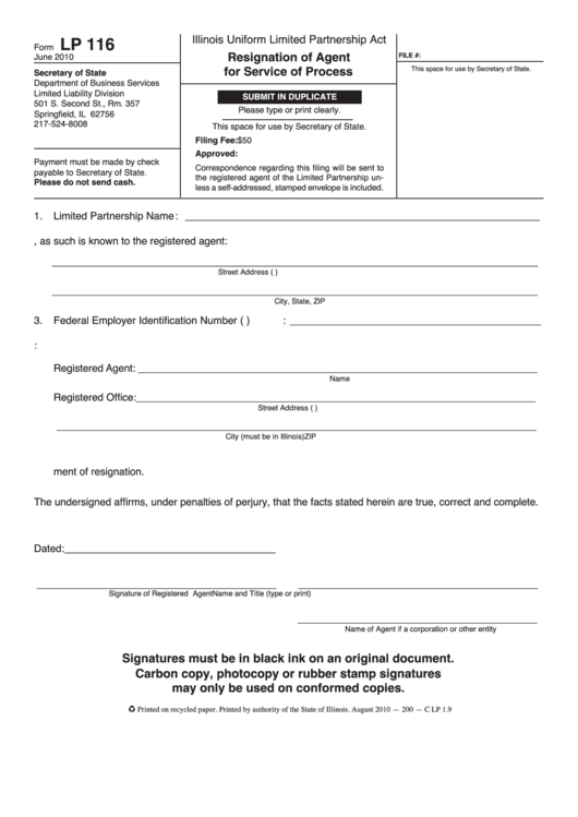 Fillable Form Lp 116 - Resignation Of Agent For Service Of Process Printable pdf