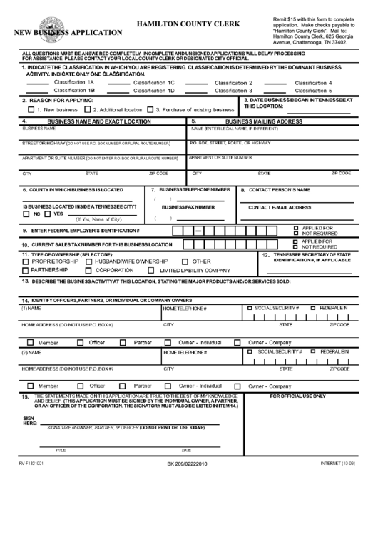 New Business Application Form - Hamilton County Clerk Printable pdf