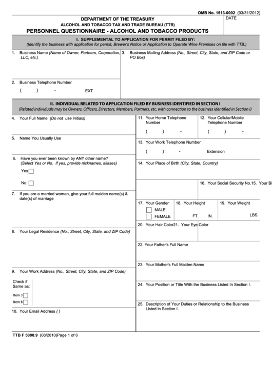 Fillable Form Ttb F 5000.9 - Personnel Questionnaire - Alcohol And Tobacco Products Printable pdf
