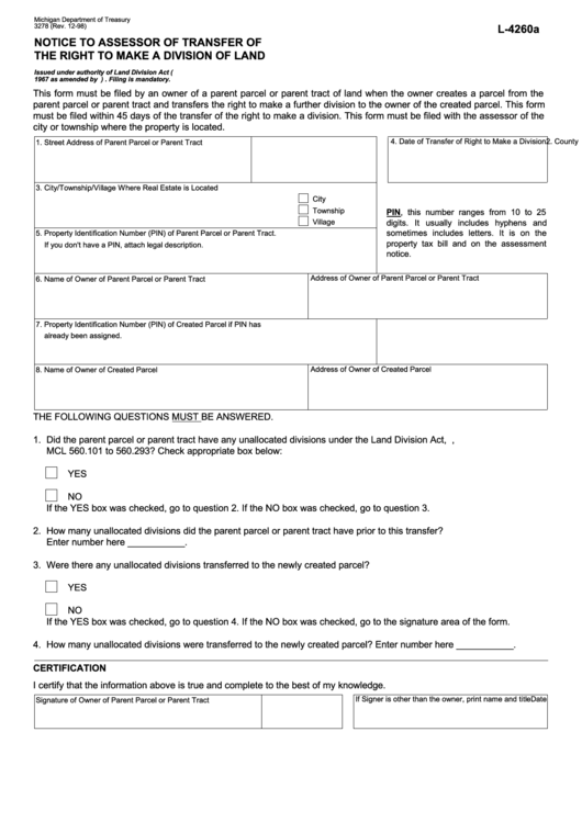 Form L4260a - Notice To Assessor Of Transfer Of The Right To Make A Division Of Land - 1998 Printable pdf