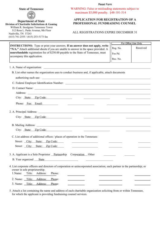 Form Ss-6040 - Application For Registration Of A Professional Fundraising Counsel Printable pdf