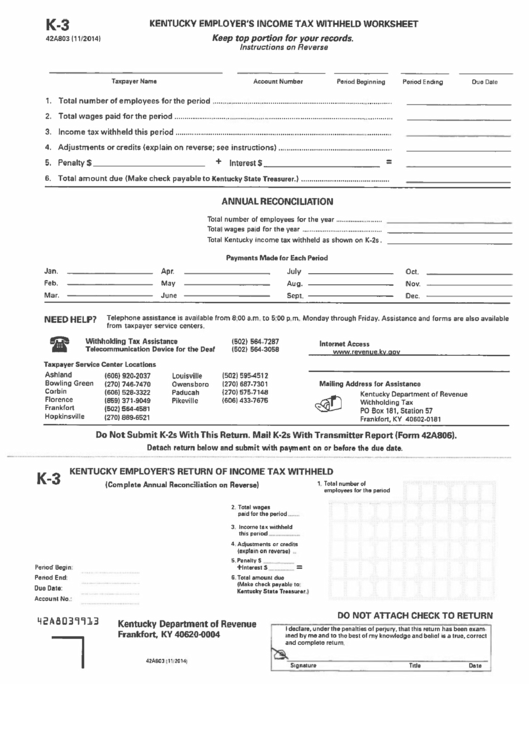 Download Form K-3 - Employer'S Income Tax Withheld Worksheet - Department Of Revenue printable pdf download