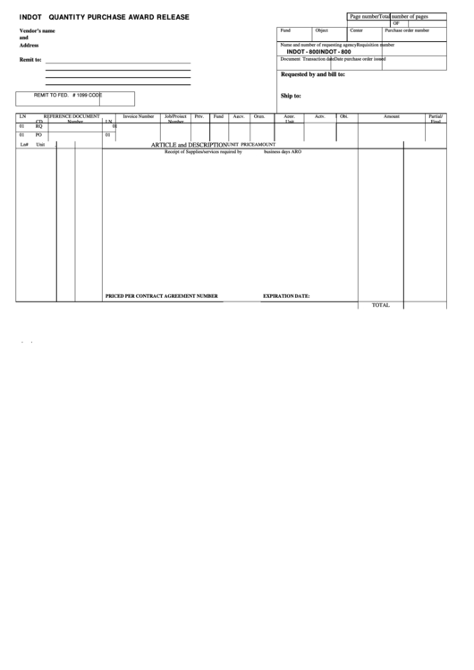 Fillable State Form 37168 - Indot Quantity Purchase Award Release Printable pdf
