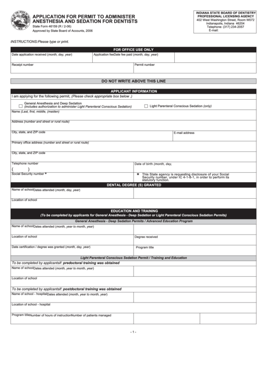 State Form 46159 - Application For Permit To Administer Anesthesia And Sedation For Dentists Printable pdf