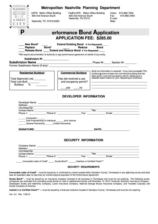 Performance Bond Application Form - Metropolitan Nashville Planning Department Printable pdf