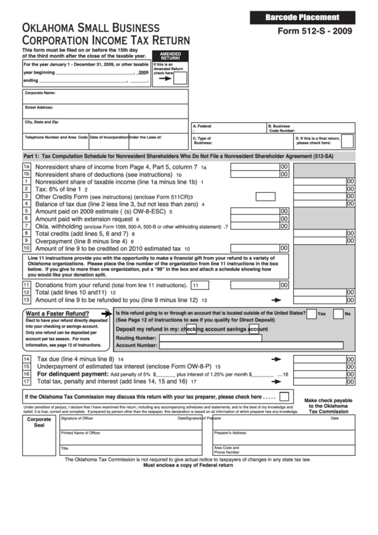 Form 512-S - Oklahoma Small Business Corporation Income Tax Return - 2009 Printable pdf