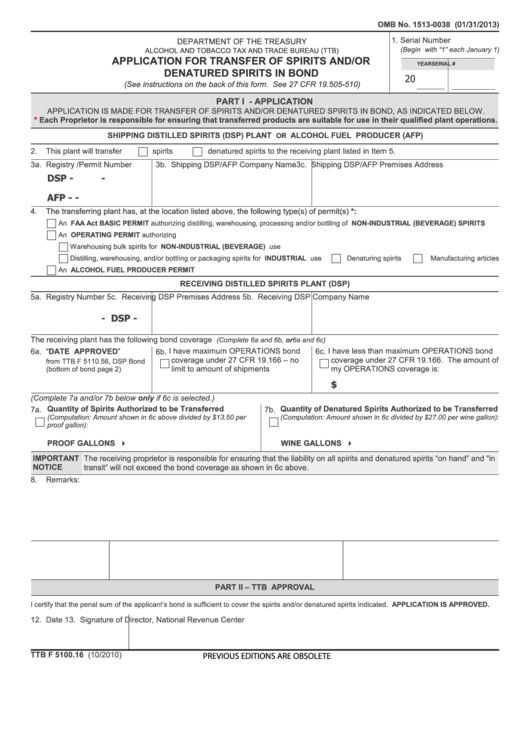 Fillable Form Ttb F 5100.16 - Application For Transfer Of Spirits And/or Denatured Spirits In Bond Printable pdf