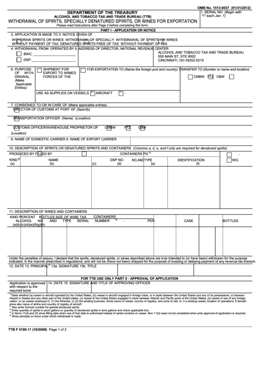 Fillable Form Ttb F 5100.11 - Withdrawal Of Spirits, Specially Denatured Spirits, Or Wines For Exportation Printable pdf