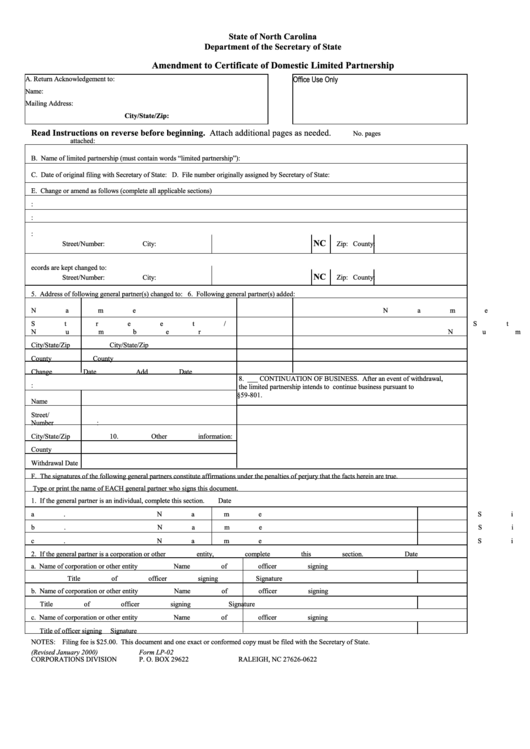 Fillable Form Lp-02 - Amendment To Certificate Of Domestic Limited Partnership Printable pdf