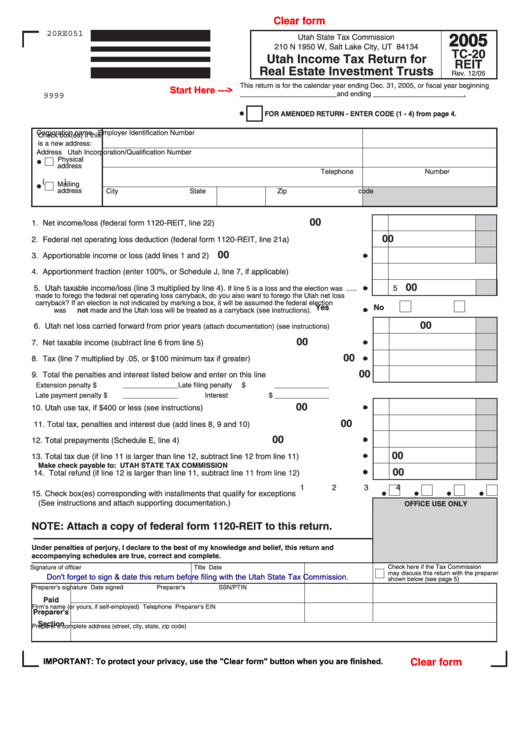 Fillable Form Tc-20 Reit - Utah Income Tax Return For Real Estate Investment Trusts - 2005 Printable pdf