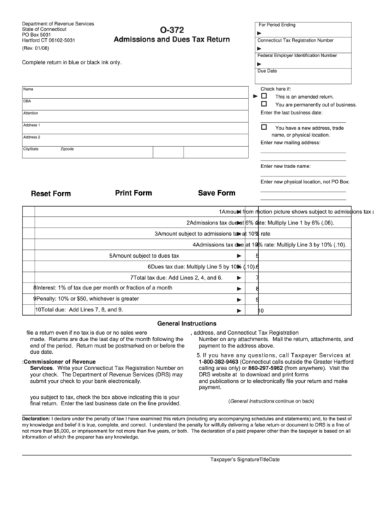 Fillable Form O-372 - Admissions And Dues Tax Return Printable pdf