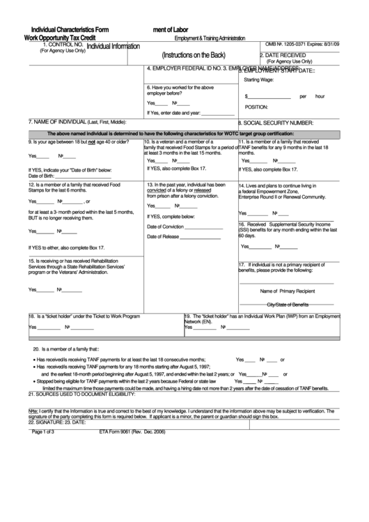Form 9061 - Individual Characteristics Form Work Opportunity Tax Credit - U.s. Department Of Labor