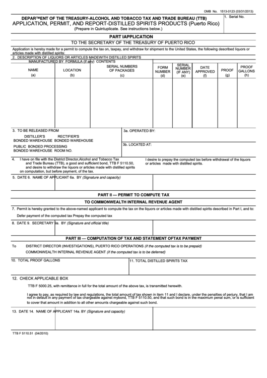 Form Ttb F 5110.51 - Application, Permit, And Report-distilled Spirits Products (puerto Rico)