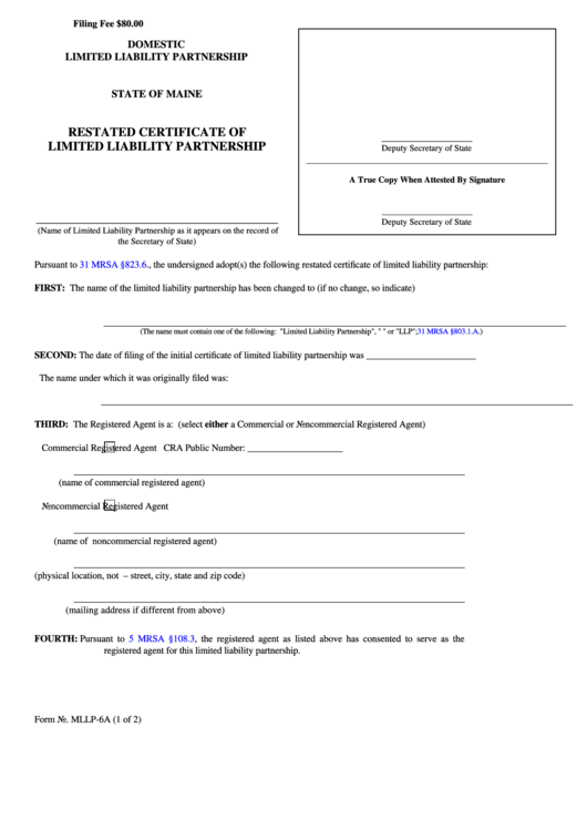 Fillable Form Mllp-6a - Restated Certificate Of Limited Liability Partnership - Secretary Of State Printable pdf